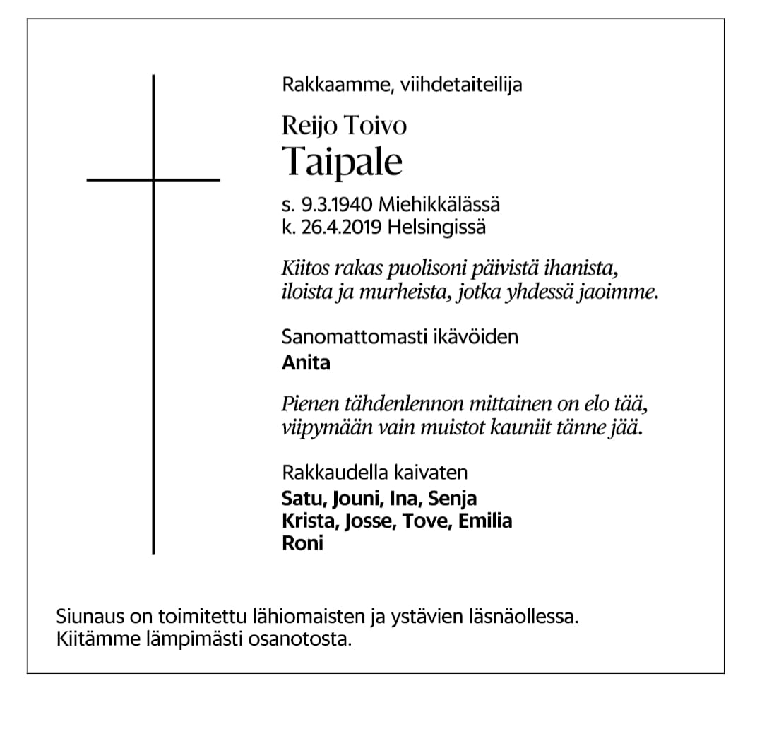 Reijo Taipale kuolinilmoitus 9.6.19 Reijo taipaleen kuolinilmoitus julki kiitos rakas puolisoni päivistä ihanista | tanssiin Fi