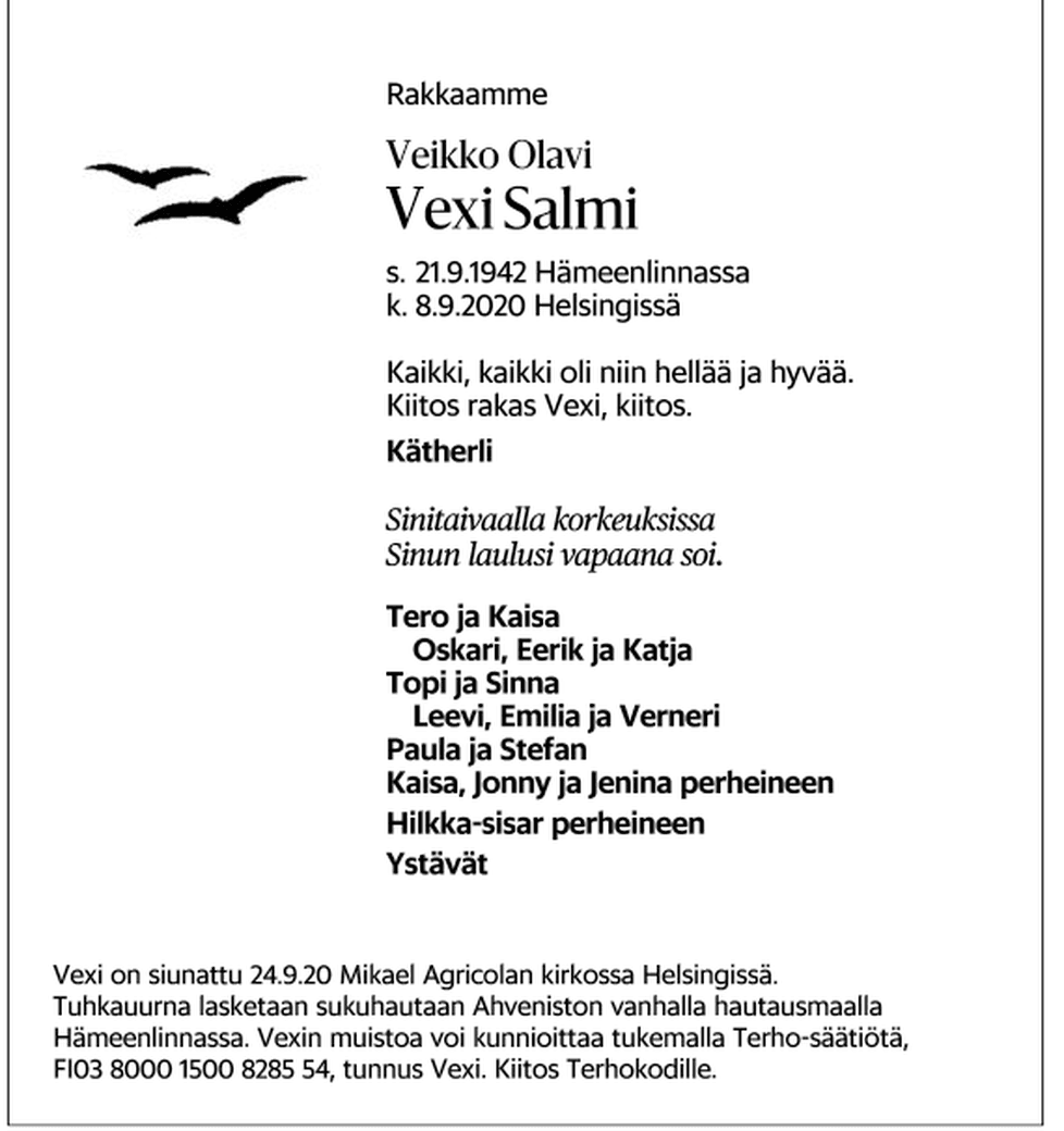 Vexi salmi kuolinilmoitus |