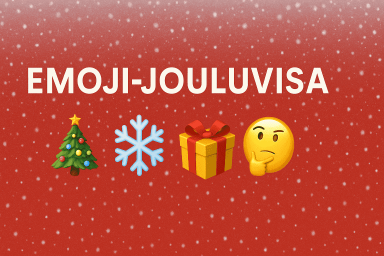 Joulukorttimainen emoji-jouluvisa – joululaulut emojien muodossa, lumisade-tausta, Tanssiin.fi joulu 2025