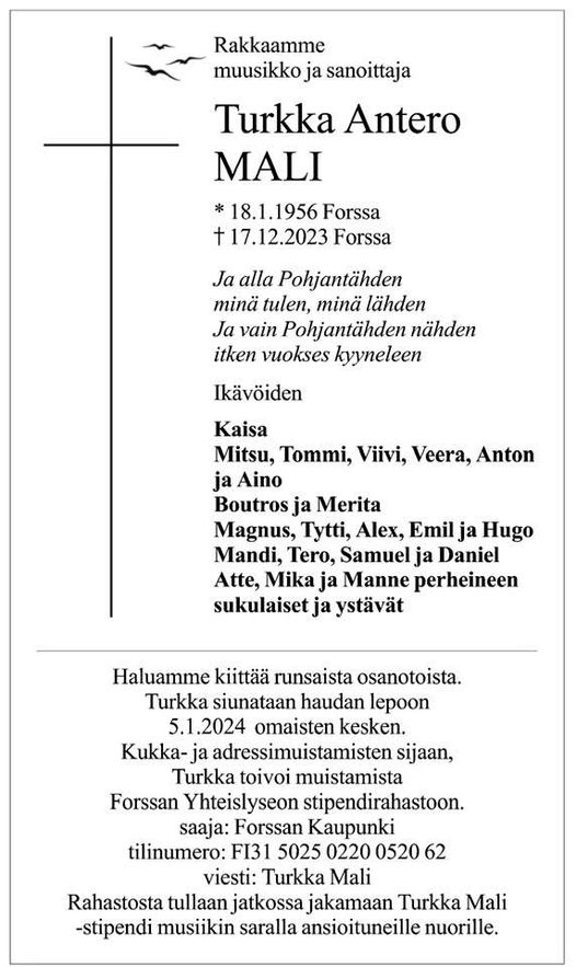 Turkka Mali kuolinilmoitus