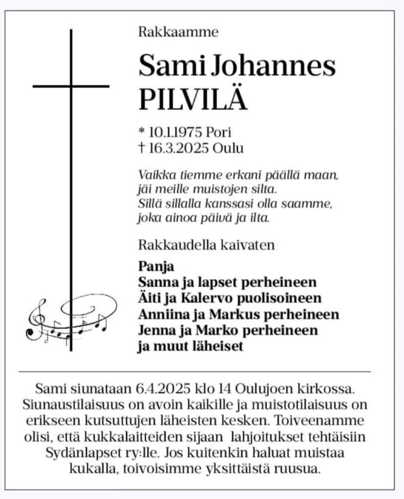 Sami Pilvilä kuolinilmoitus