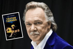 Iskelmätähti katsoo kameraan, kuvassa myös kirjan kansi.