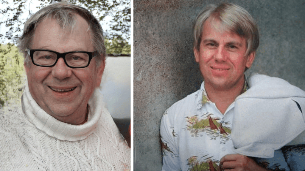 Iskelmälaulaja raimo rexi kero kahdessa kuvassa tuoreemmassa otoksessa hymyilevä rexi ja vieressä 1970 luvun promokuva uran alkuvuosilta  tunnetaan puhtaat purjeet  tulkinnasta