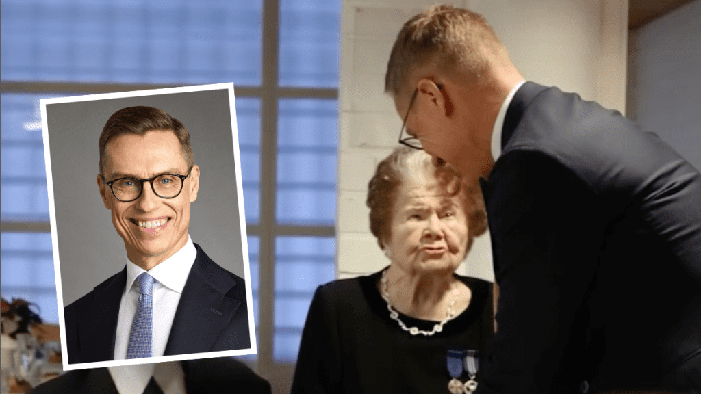 Presidentti Alexander Stubb muotokuvassa sekä kättelemässä Senni Sopasta