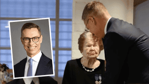 Presidentti Alexander Stubb muotokuvassa sekä kättelemässä Senni Sopasta