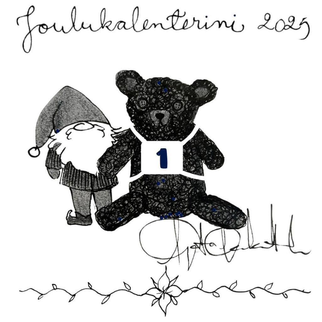 Kyösti mäkimattilan piirtämän vuoden 2026 joulukalenterin tussipiirros luukku numero 1
