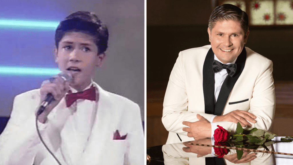 Laulaja Leif Lindeman kollaasikuvasa, missä vasemmalla hän laulaa tenavatähti-kisassa 1991 ja oikealla promokuva 2025, molemmissa valkoinen smokki ja rusetti päällään