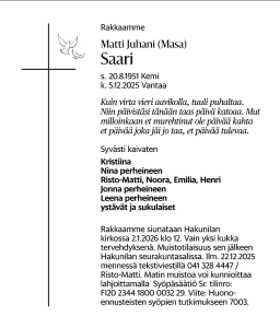 Matti masa saari kuolinilmoitus hs 12 12 | tanssiin Fi