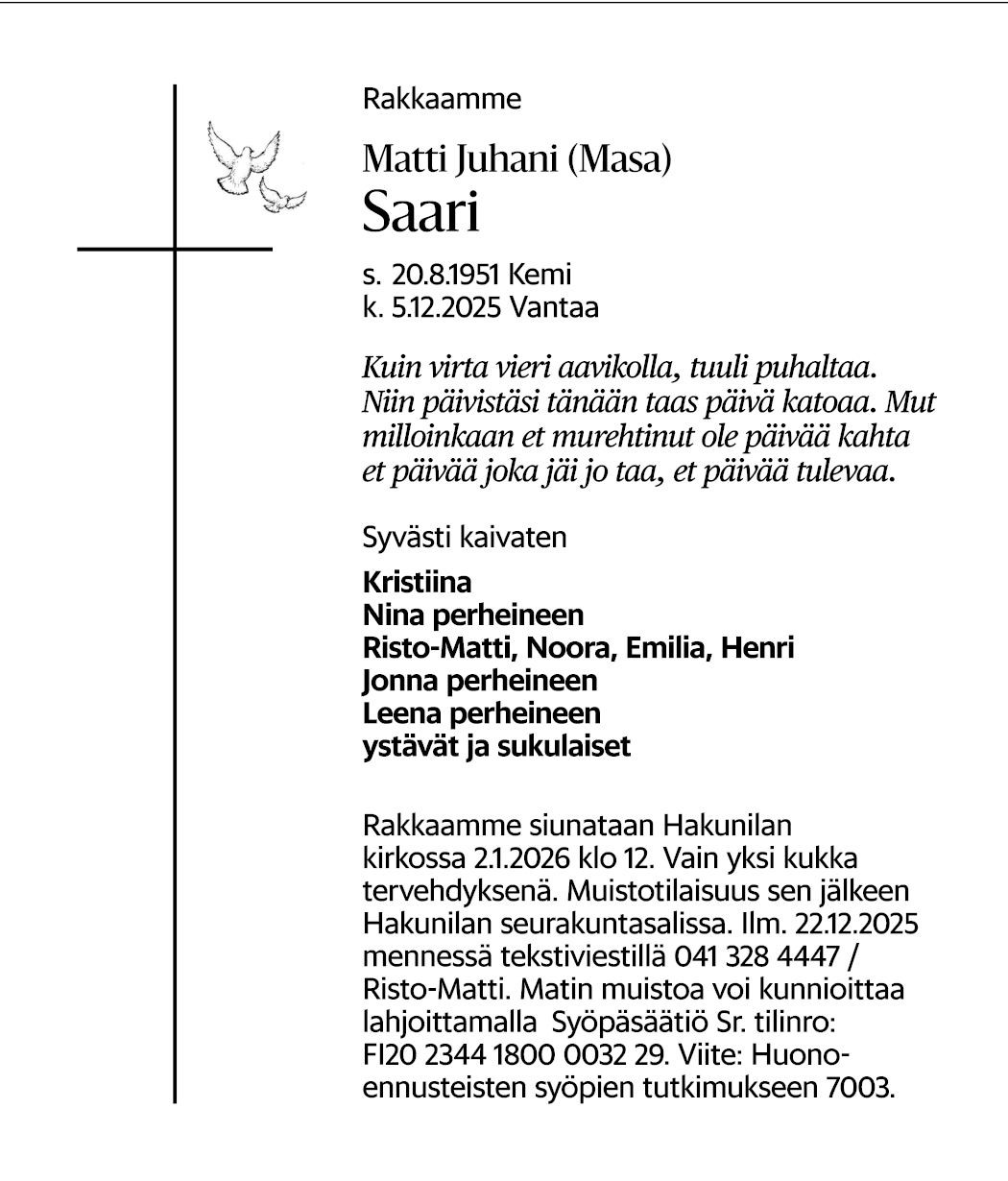 Matti masa saari kuolinilmoitus hs 12 12 | tanssiin Fi