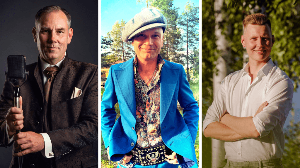 Kollaasikuvassa kolme suosituinta miesartistia Suomessa 2025: Jarkko Yli-Sikkilä mikrofonin kasnsa, Dimitri Keiski keskellä ja oikealla Oskar Lehtinen kädet puuskassa
