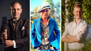 Kollaasikuvassa kolme suosituinta miesartistia Suomessa 2025: Jarkko Yli-Sikkilä mikrofonin kasnsa, Dimitri Keiski keskellä ja oikealla Oskar Lehtinen kädet puuskassa