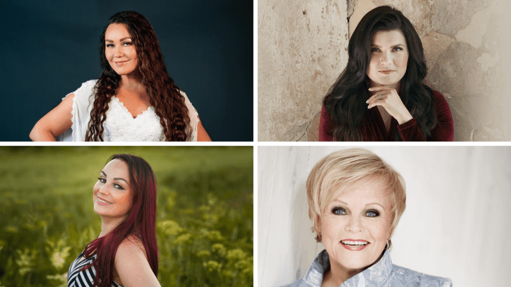 Nelikuvakollaasi vuoden 2025 suosituimmista naisartisteista: Saija Tuupanen, Suvi Teräsniska, Pirita Niemenmaa ja Katri Helena poseeraavat omissa promokuvissaan.