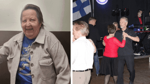 kollaasikuvassa tanssien järjestäjänainen poseeraa ja toisesa kuvassa tanssijoita Jukola-kerhossa Ruotsissa