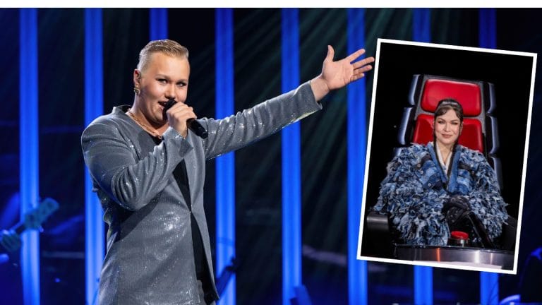 laulaja oliver rosenholm käsi pystyssä ja mikrofoni toisessa kädessä, pikkukuvassa jenni vartiainen istuu the voice of finland tuolissa 2026