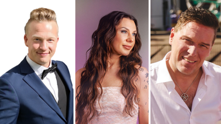 Man in a navy tuxedo and black bow tie posing for a formal portrait, white background on the left panel, cropped shoulder view? Wait avoid uncertainty. Try: Man in a navy tuxedo with a black bow tie, posing for a formal portrait against a light background.