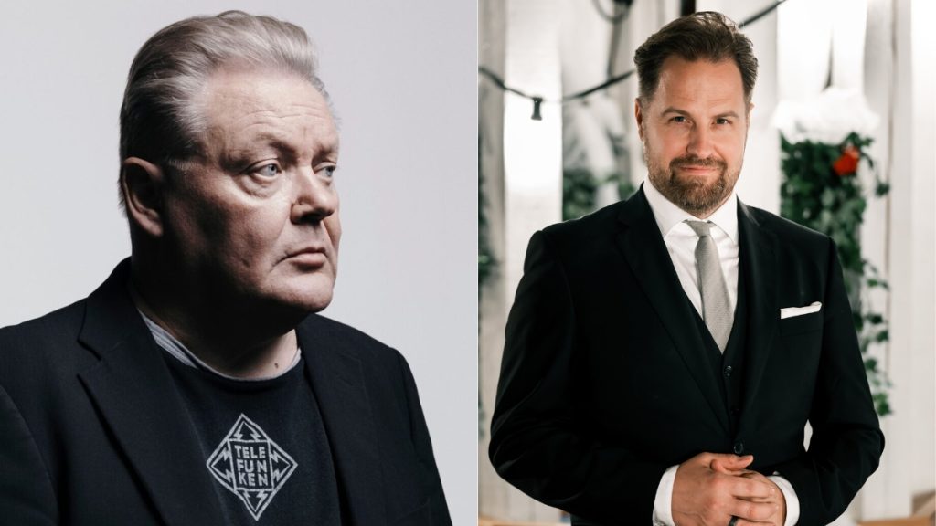 Side-by-side portrait of two men: left is an older man in a dark blazer and graphic t-shirt, right is a younger man in a black suit at a formal event.