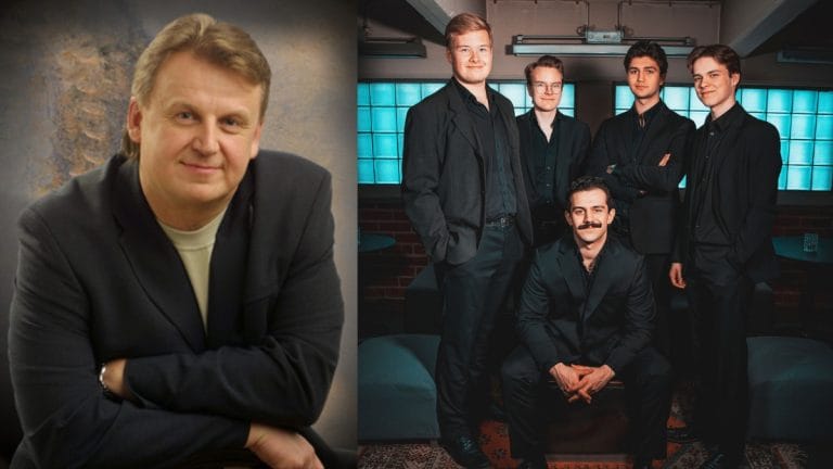 Split image: solitary man in a dark blazer on the left and a six‑member band in black suits posing in a lounge on the right, with one seated in front.