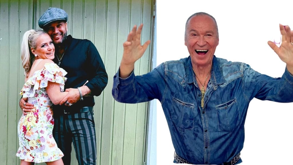 Two-part image: left shows a smiling couple hugging—woman in a floral dress, man in a black shirt and striped pants by a green wall; right shows a joyful man in a denim shirt with arms raised against a white background.