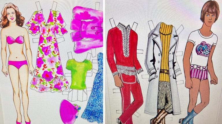 Doll on left in pink bikini with colorful dresses and accessories for dress-up game across two panels of outfits.