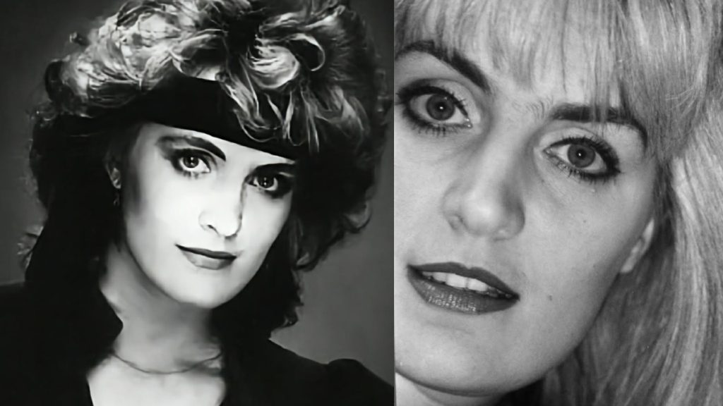 Split image: left portrait of a woman with a wide headband and dramatic makeup; right close-up of a smiling woman with light hair and lipstick.
