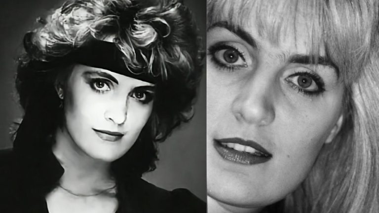 Split image: left portrait of a woman with a wide headband and dramatic makeup; right close-up of a smiling woman with light hair and lipstick.