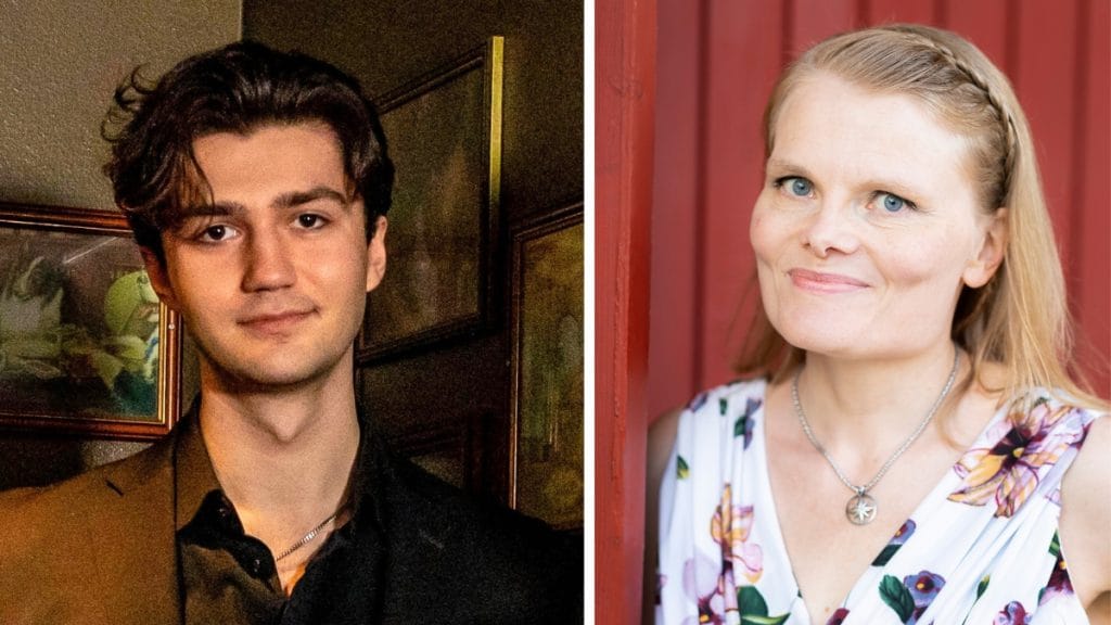 Two side-by-side portraits: left is a young man in a dark suit indoors, right is a smiling blonde woman in a floral dress outdoors by a red background.