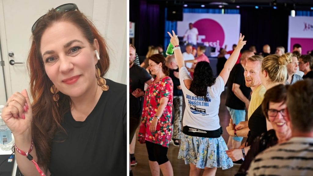 Split photo: left a smiling woman with brown hair, sunglasses on head and wireless earbuds; right a lively dance party with people dancing and a stage in the background.