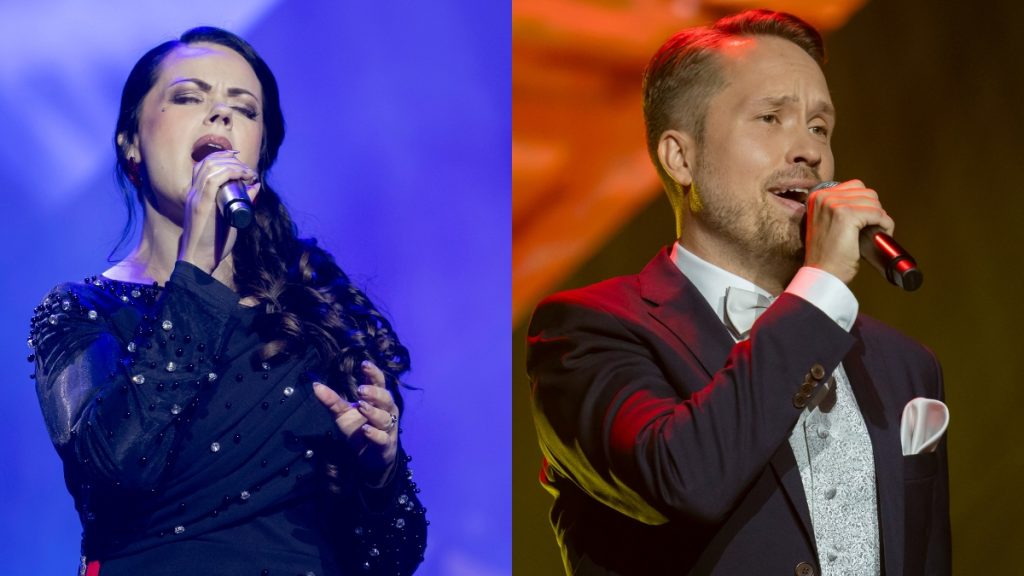 Split image of two singers performing on stage: left, a female vocalist in a jeweled dark dress under blue lighting; right, a male vocalist in a tuxedo with microphone under warm lighting.