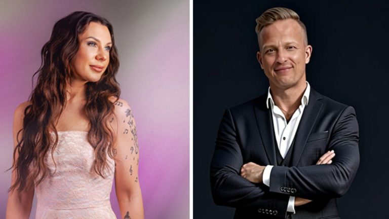 Side-by-side portrait: a woman with long wavy hair in a pink lace dress and tattooed arm on the left, and a man in a dark suit with arms crossed on the right.