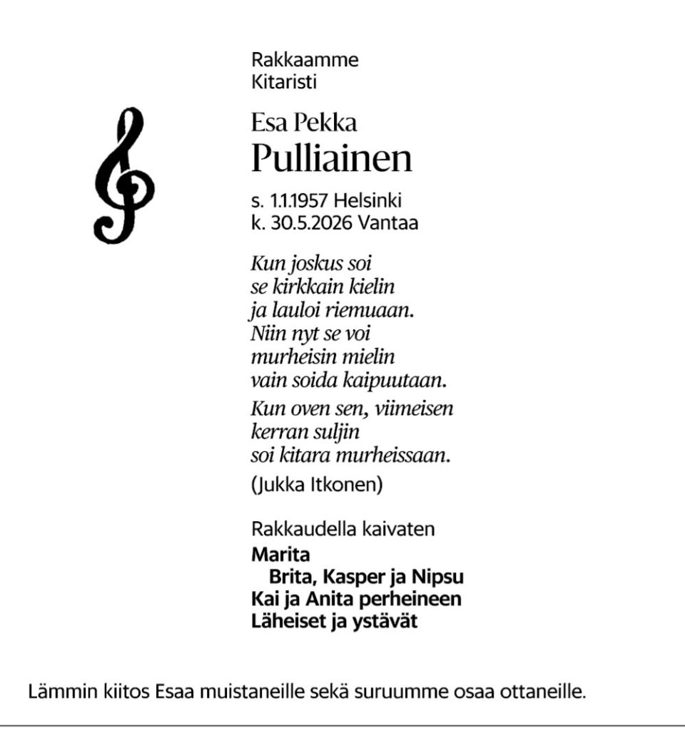 Screenshot Esa pulliaisen kuolinilmoitus julki muistovärssynä agents hitti | tanssiin Fi