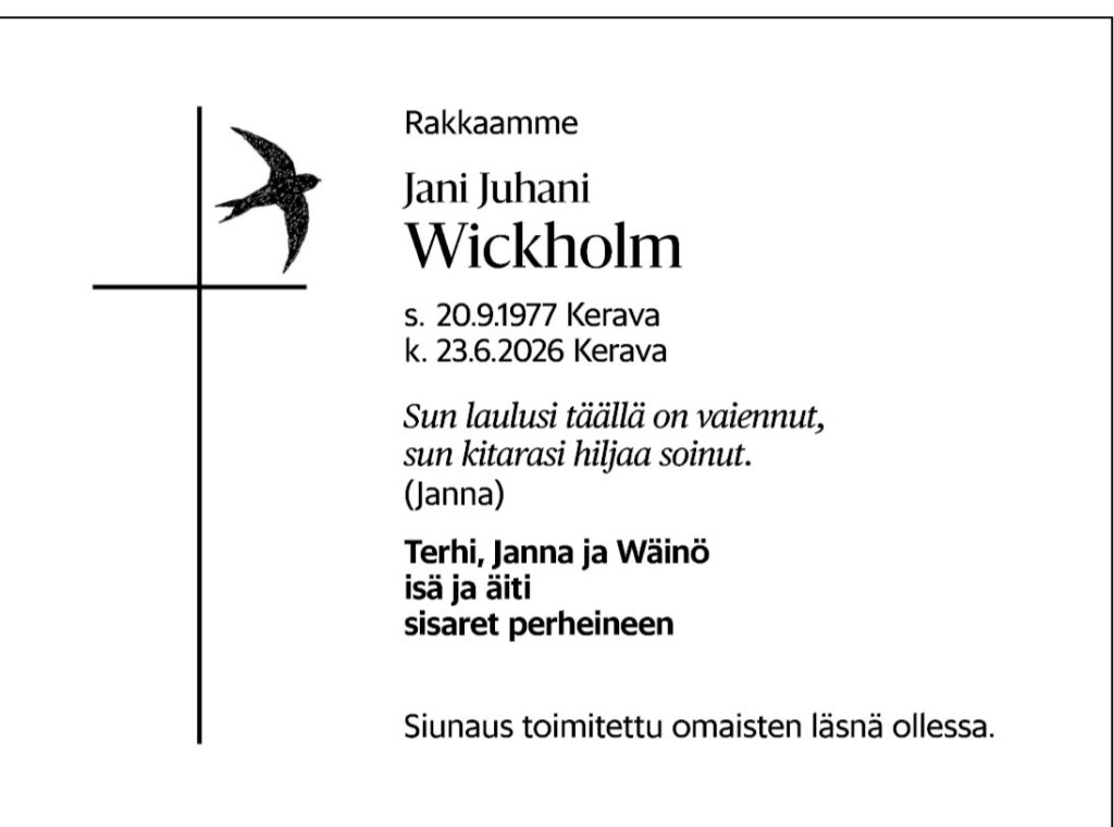 jani wickholm kuolinilmoitus Jani wickholmin kuolinilmoitus julki | tanssiin Fi