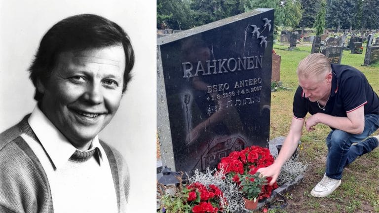 Two-panel image: left a smiling man in a sweater; right a man kneeling at a grave, placing red flowers by the Rahkonen Esko Antero headstone.
