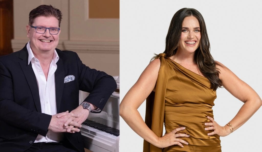 Split image of two smiling adults: on the left, a man in a dark suit at a piano; on the right, a woman in a gold satin dress posing confidently.