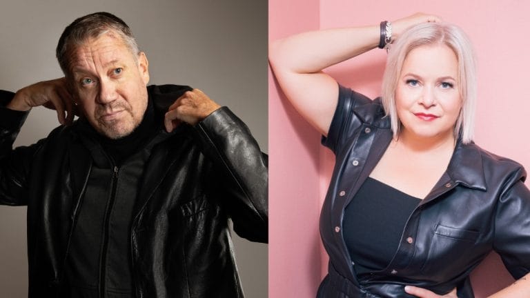 Split image featuring a man in a black leather jacket on a grey backdrop, and a woman in a black leather jacket against a pink wall, posing confidently.
