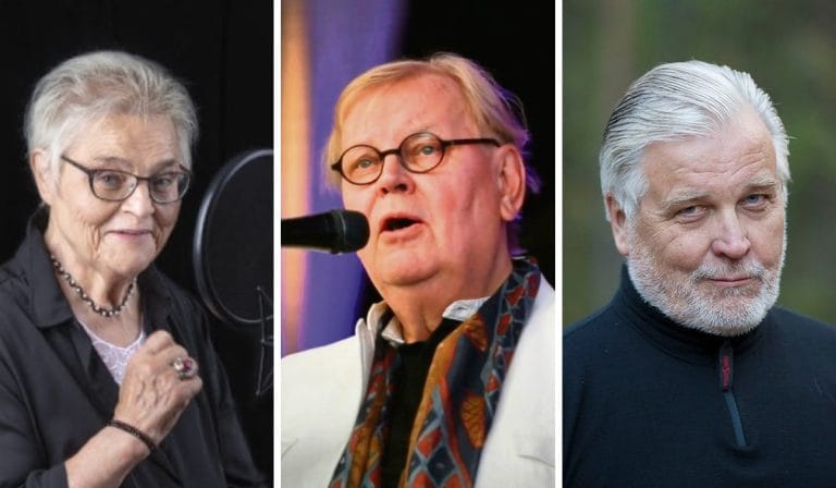 Portraits of three seniors: left an elderly woman with glasses at a microphone, center a man singing into a microphone, right a man with white hair and beard outdoors.